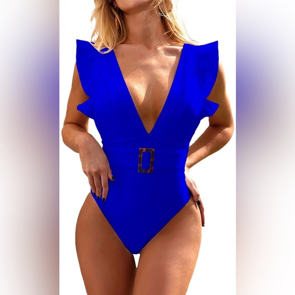 ONE PIECE SWIMSUIT PLUNGE V RUFFLE NECKLINE WITH BELT COBALT BLUE SIZE XL - Picture 1 of 15